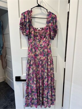 Astrid Floral Puff-Sleeve Midi Dress in Pink